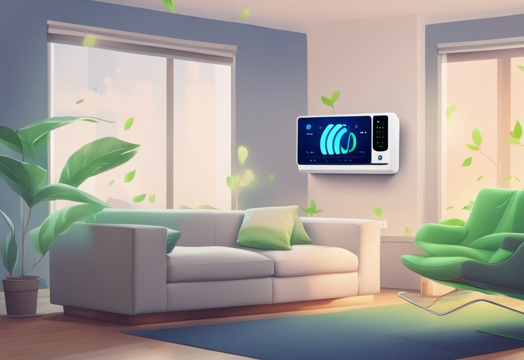 Modern air conditioning unit with eco mode in energy-efficient home, blue-themed digital painting.