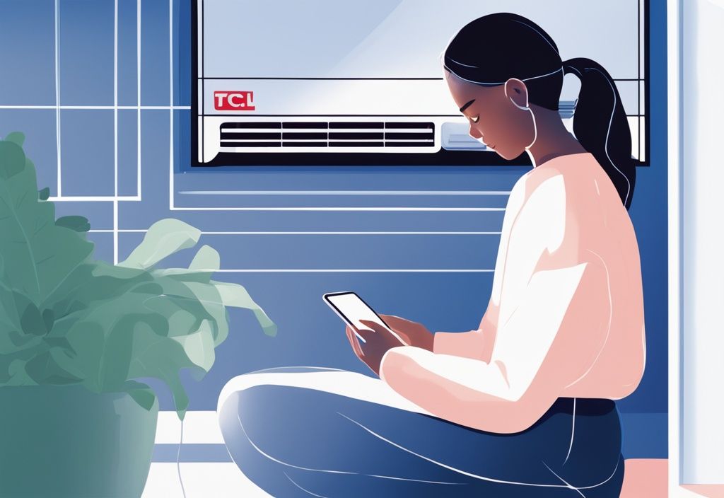 Modern digital painting of a person using a smartphone app for TCL air conditioner WiFi setup in a blue-themed room.