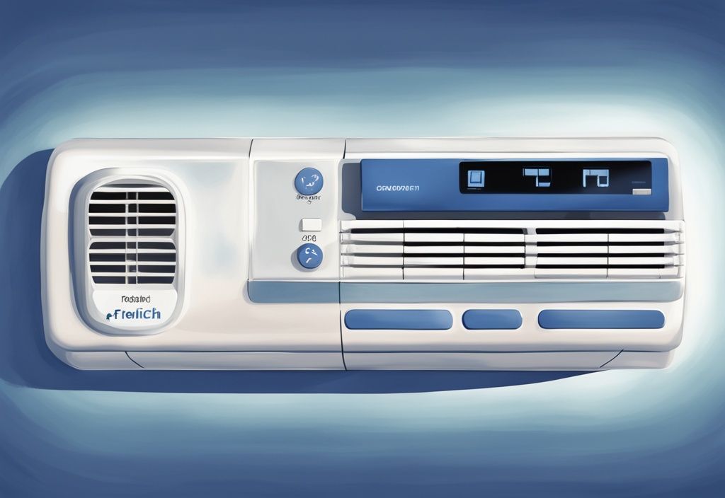 Modern digital painting of a well-lit Friedrich air conditioner remote control with blue theme and annotated symbols