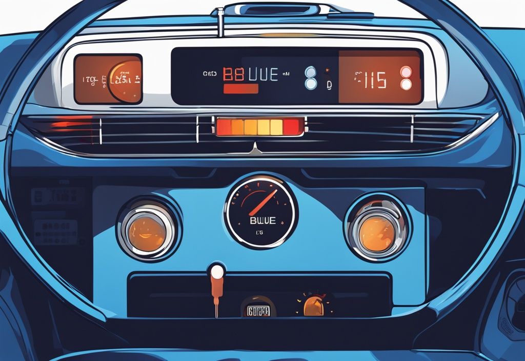 Modern digital painting of a car dashboard with blue theme, AC indicator off, engine temperature warning light on