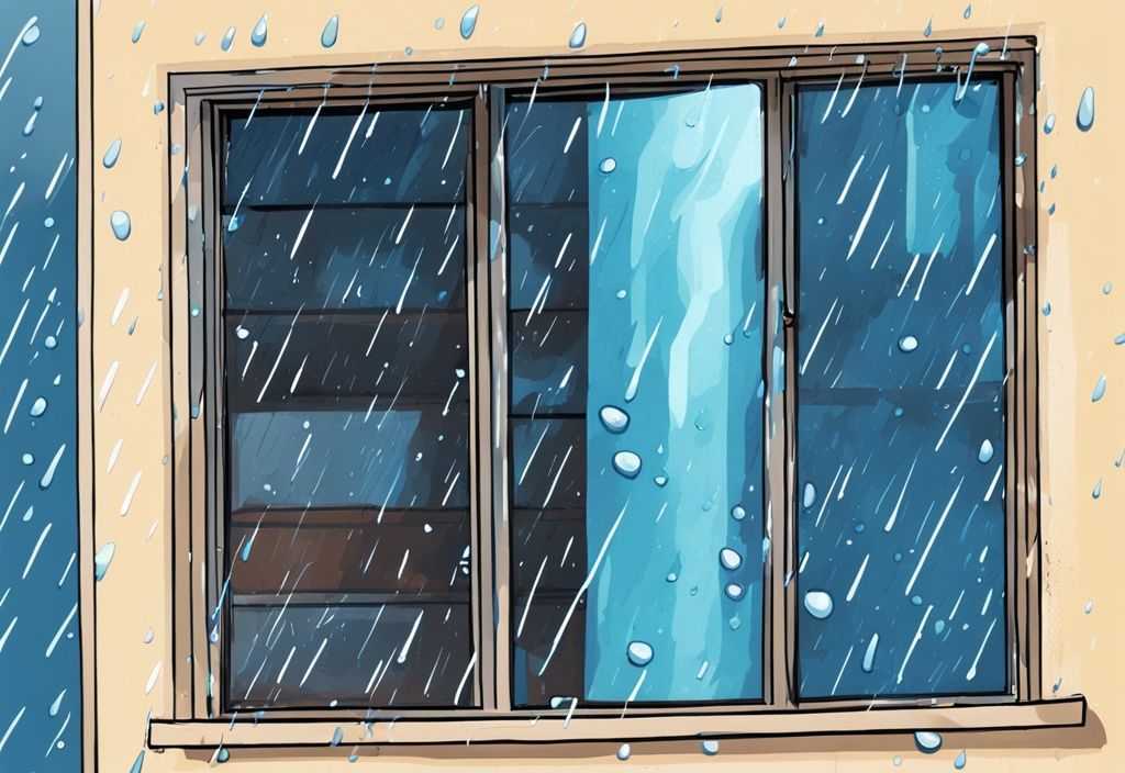 Modern digital painting of a blue-themed room with a window AC unit emitting soothing sounds like water after rain, visible against a rain-speckled window with droplets trickling down.