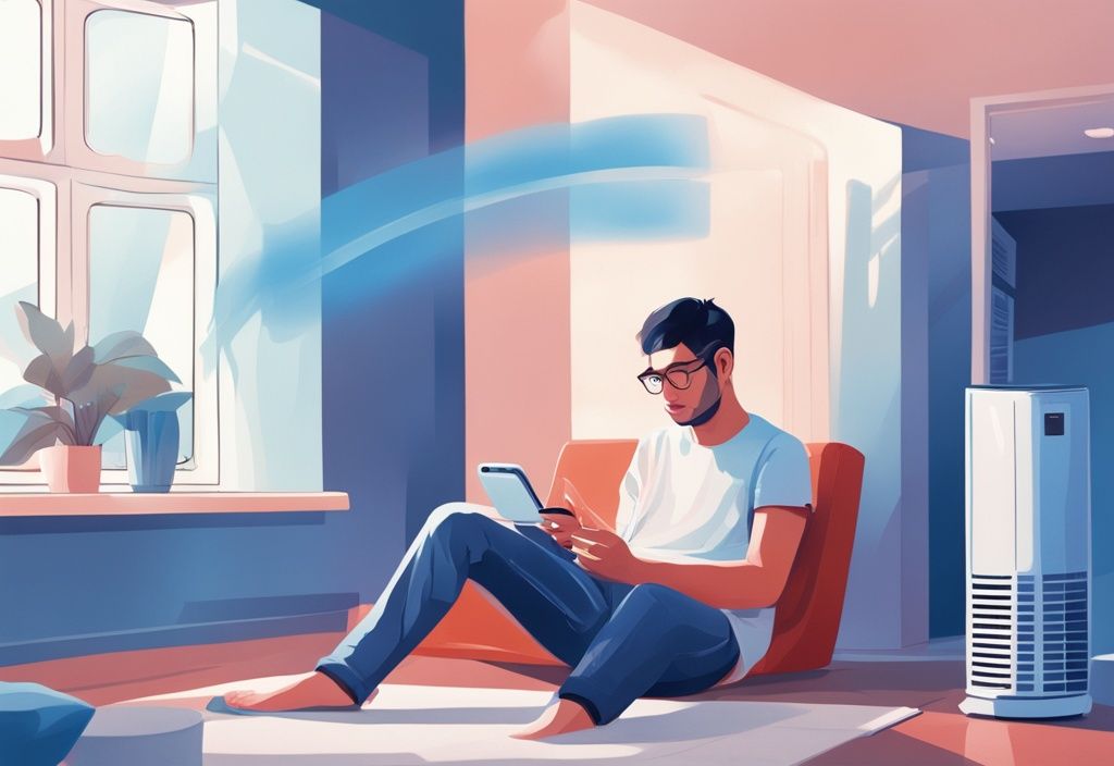 Young person connecting TCL air conditioner to home WiFi using smartphone, modern digital painting, blue color theme