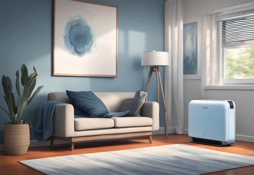 Black and Decker portable air conditioner in modern living room, not cooling effectively, blue color theme