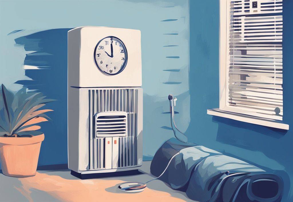 Modern digital painting of a blue-themed room with a thermometer, running air conditioner, and clock indicating time passage.