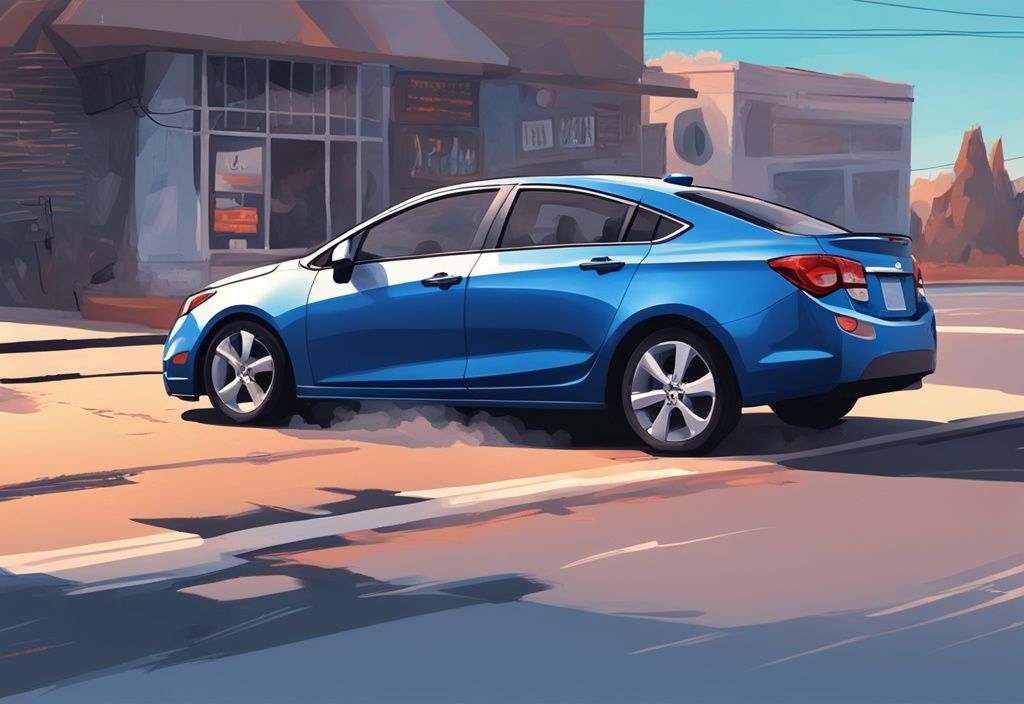 Modern digital painting of a Chevy Cruze with open hood emitting steam, driver perplexed, staring at AC controls, ac off due to high engine temp Chevy Cruze.