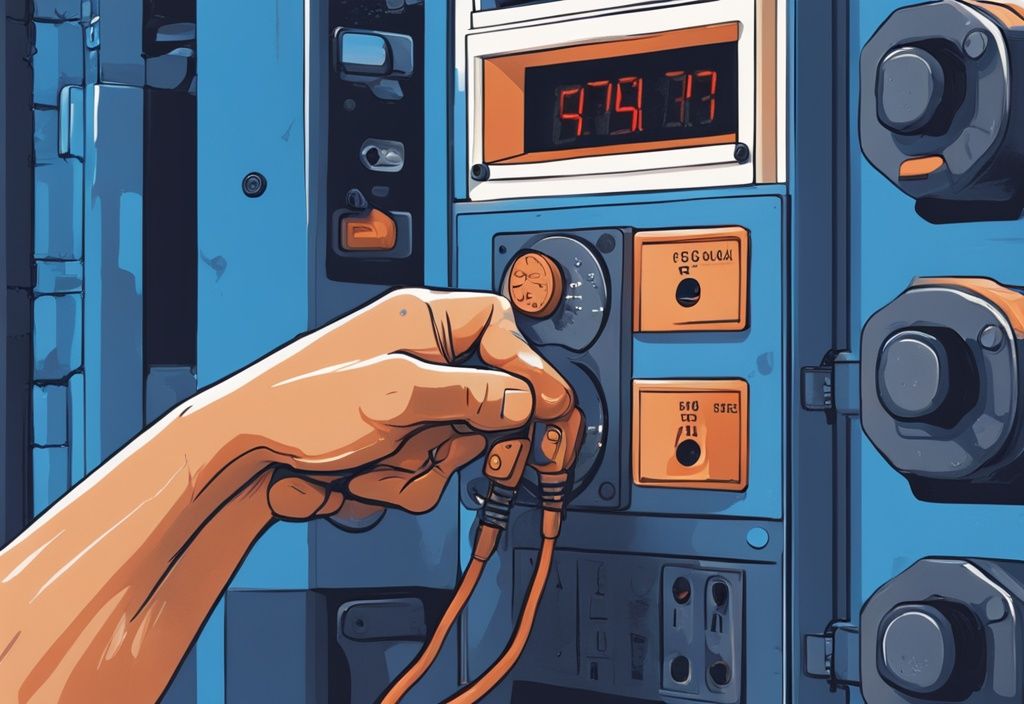 Electrician's hand gripping a contactor with a digital meter showing zero activity, modern digital painting in blue theme