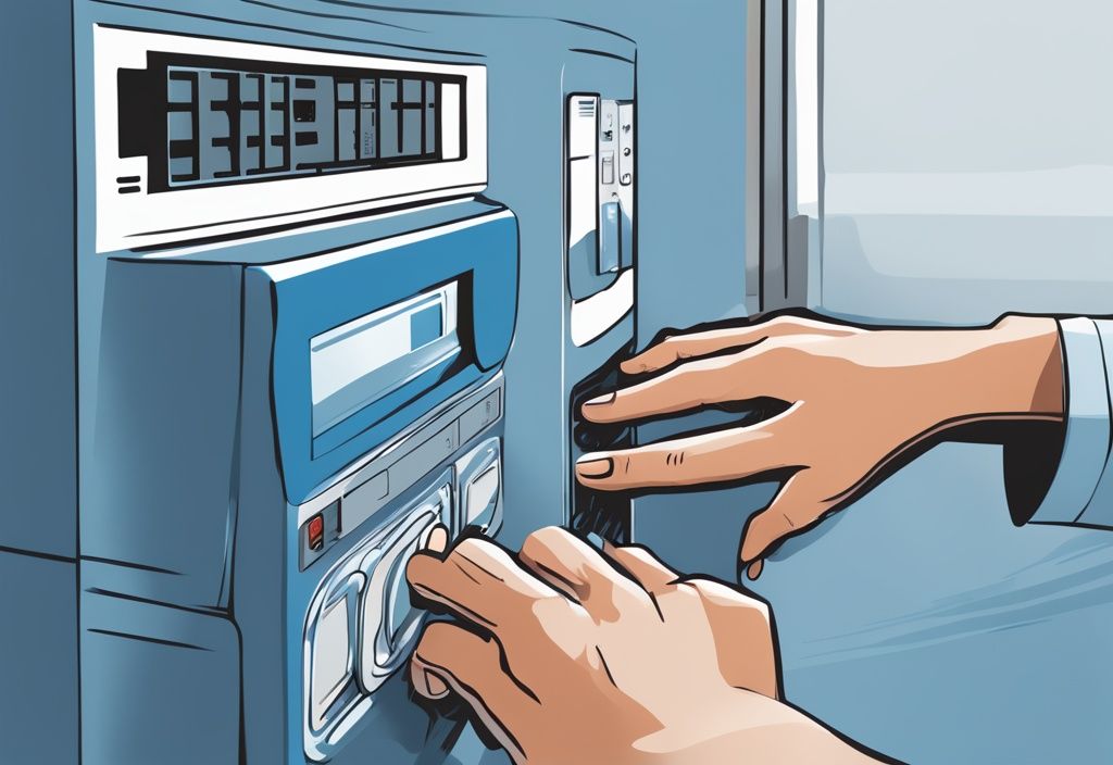 Modern digital painting of hands pressing reset button on Goodman air conditioner, control panel and branding visible, How Do I Reset My Goodman Air Conditioner.