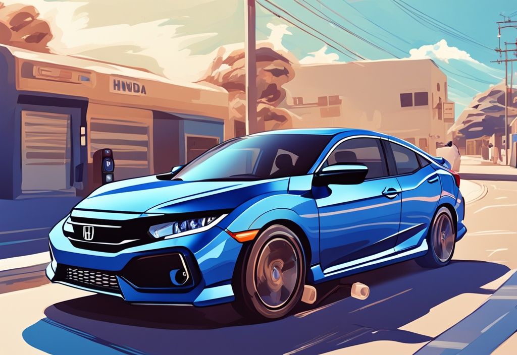 Modern digital painting of a blue Honda Civic parked under the sun with a frustrated driver adjusting non-responsive AC controls