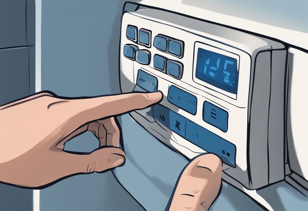 Close-up of hands pressing reset button on Goodman air conditioner control panel, modern digital painting illustration, blue color theme