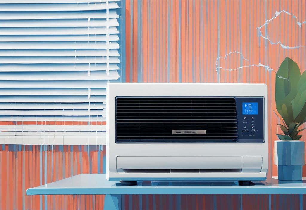 Modern digital painting of a GE window air conditioner with flashing indicator lights and illustrated beeping sound wave, blue color theme.