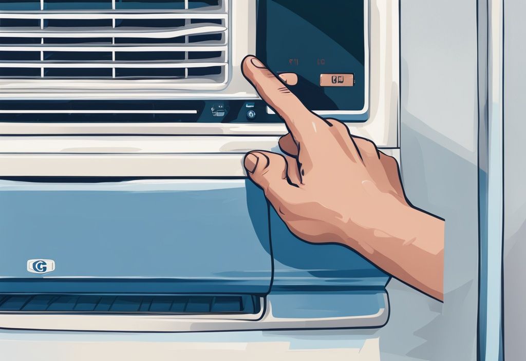 Close-up of a hand pressing the GE air conditioner reset button in a modern digital painting with a blue theme.