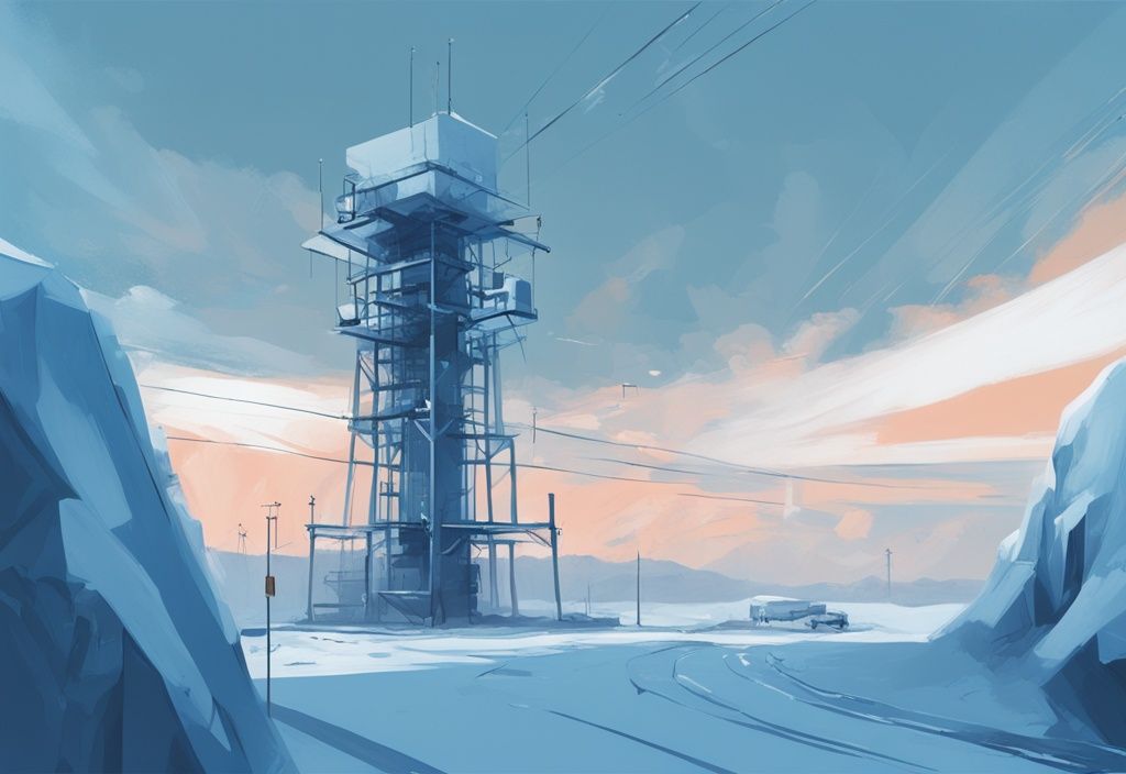 Modern digital painting illustration of an arctic air tower troubleshooting problems, featuring blue tones and overlaid indicators pointing to common issue areas.