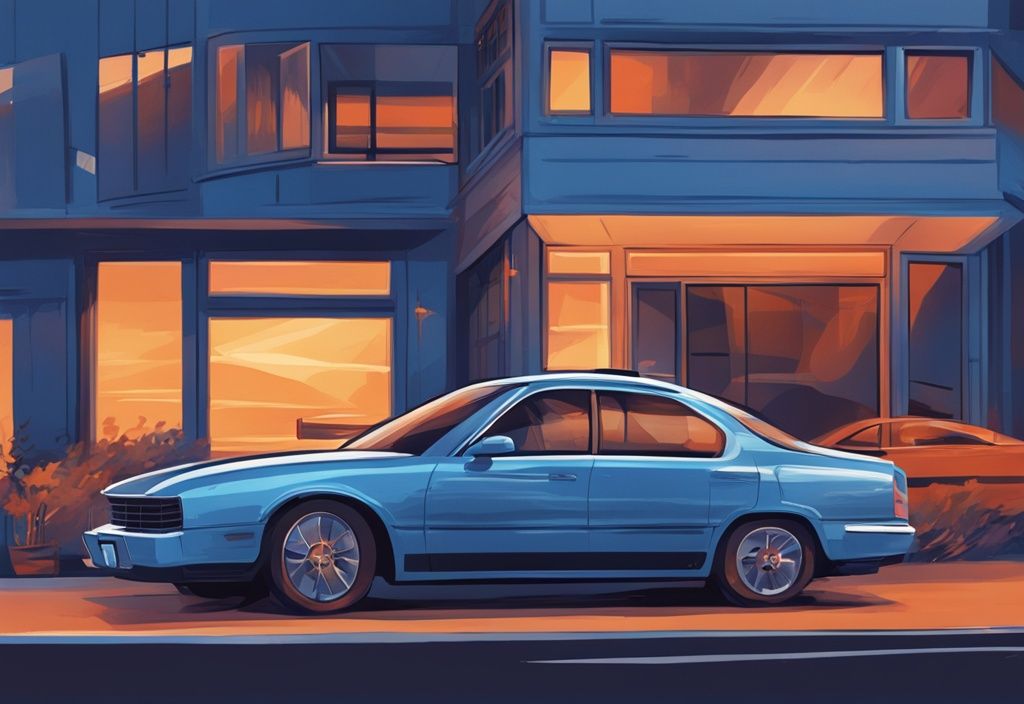 Modern digital painting of cars with blue theme; one parked with cold air from AC, another in motion with warm breeze from vents.