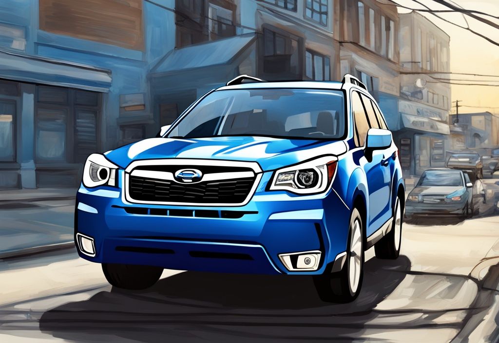 Modern digital painting of a 2015 Subaru Forester with hood open, highlighting AC Compressor, recall notice in foreground - 2015 Subaru Forester AC Compressor recall.