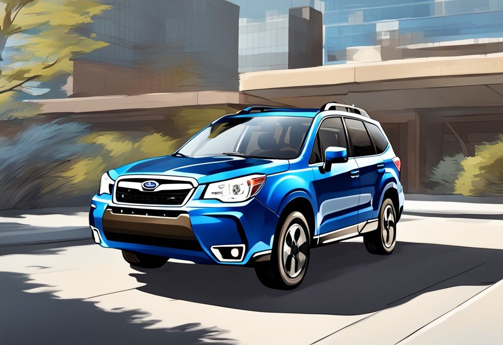 2015 Subaru Forester with open hood highlighting AC compressor recall notice, modern digital painting, blue color theme