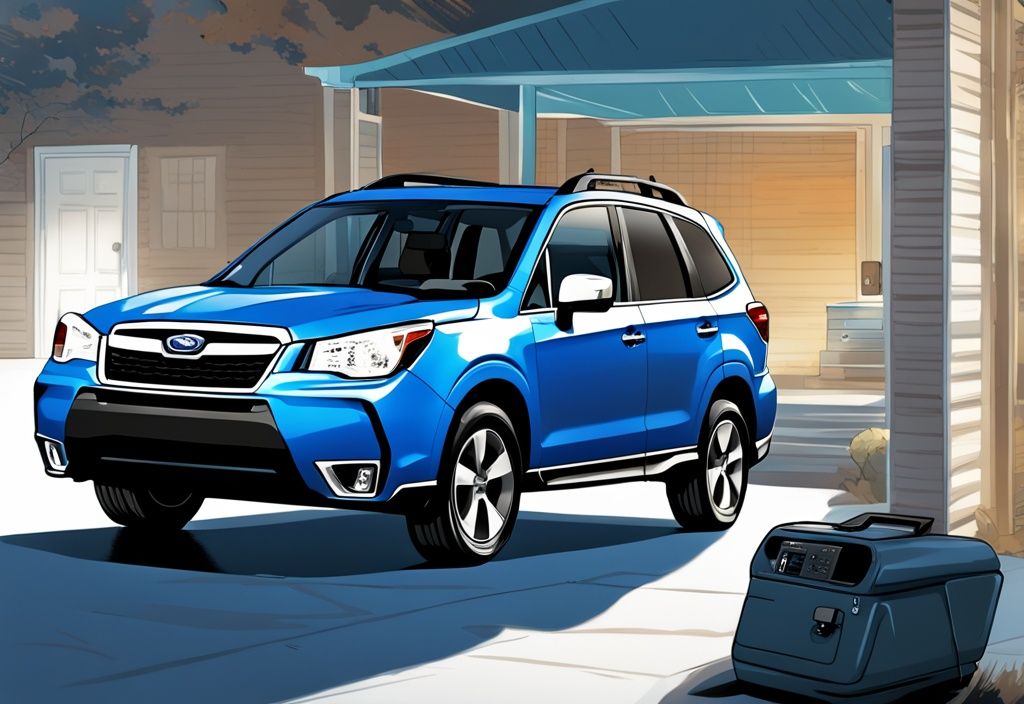 2015 Subaru Forester with hood open highlighting AC compressor recall notice, blue-themed digital painting illustration