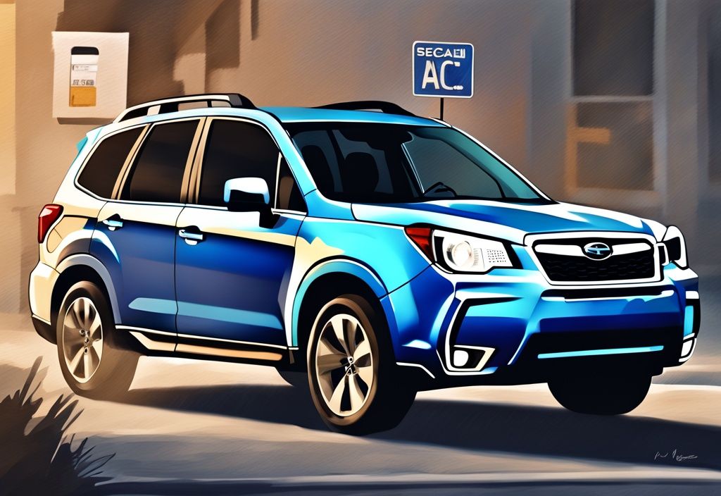 Modern digital painting of a 2015 Subaru Forester highlighting the AC compressor recall with a blue color theme