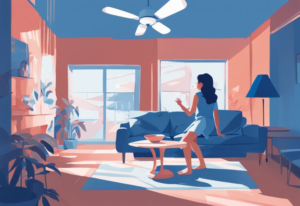 Modern digital painting of a blue-themed room with open windows, a spinning ceiling fan, and a person placing ice in front of a table fan.