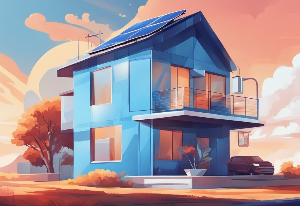 Modern house with solar panels and air conditioning under sunny blue sky digital painting