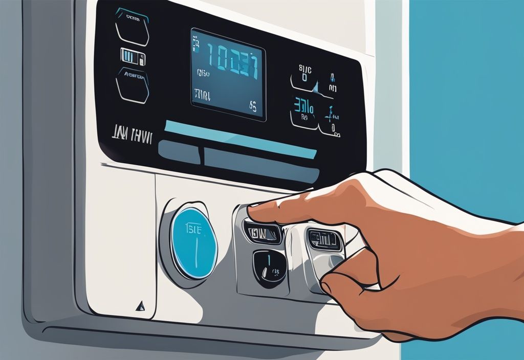 Close-up of a hand pressing the reset button on a blue Lennox air conditioning unit