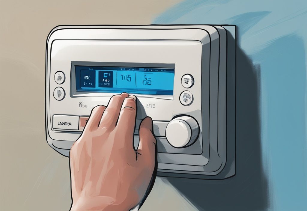 Close-up of a hand pressing the Lennox AC reset button on a modern digital painting with a blue color theme.