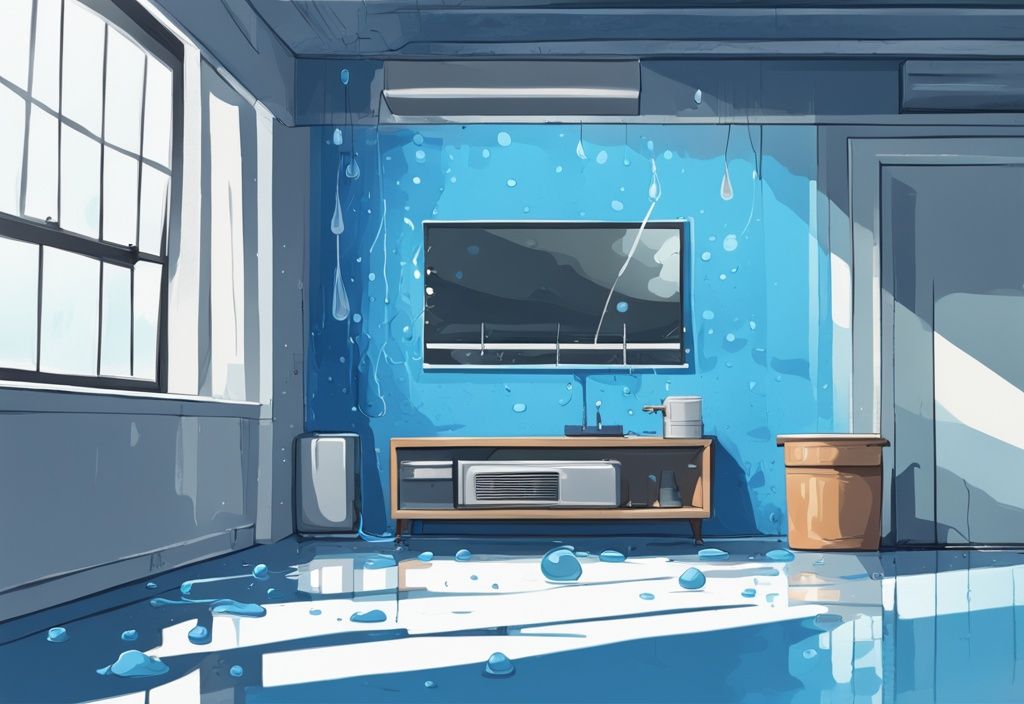 Modern digital painting of a blue-themed indoor air conditioning unit leaking water droplets onto a floor puddle.