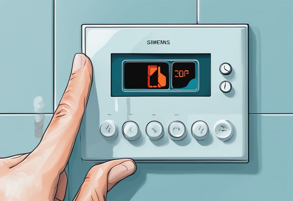 Close-up of a hand pressing the Siemens thermostat override button in a modern digital painting with a blue theme