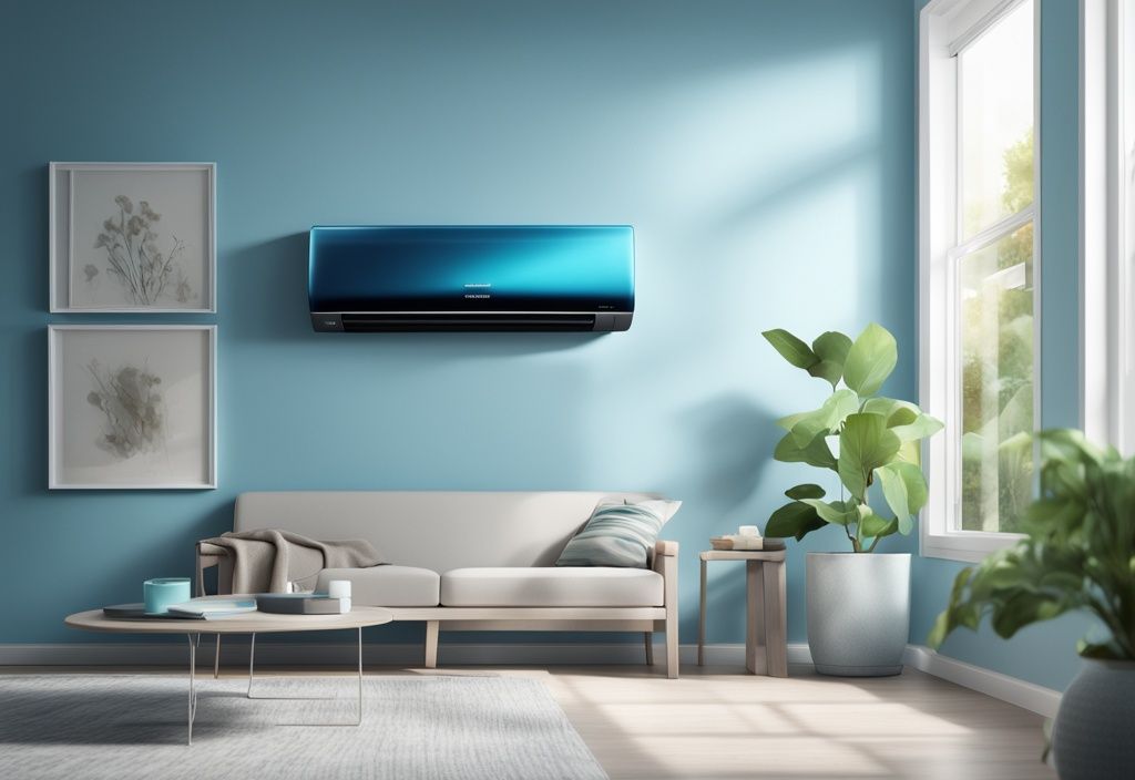 Modern digital painting of Hisense Air Conditioner E5 with error code on display, blue color theme, mounted on white wall.