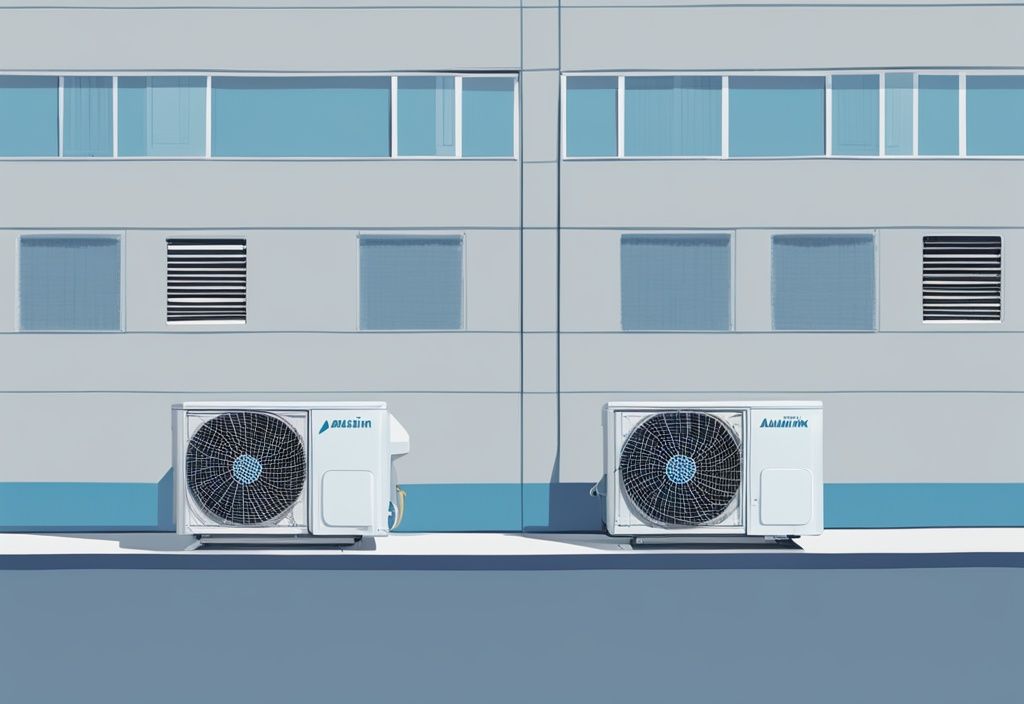 Modern digital painting illustration of Daikin vs Mitsubishi air conditioning units in blue theme for side-by-side comparison.