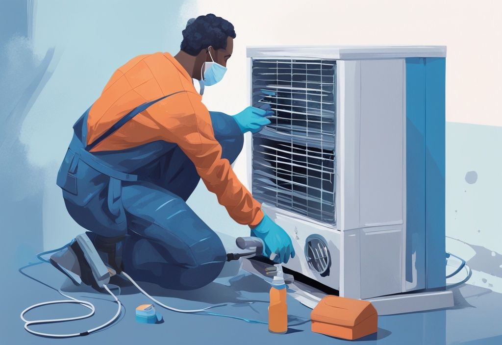 Modern digital painting of person cleaning air conditioning coils with brush and spray bottle, blue theme.