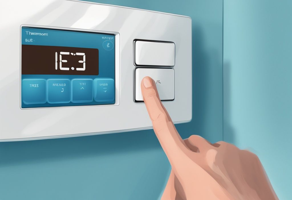 Hand adjusting Siemens thermostat with override button in modern blue-themed digital painting