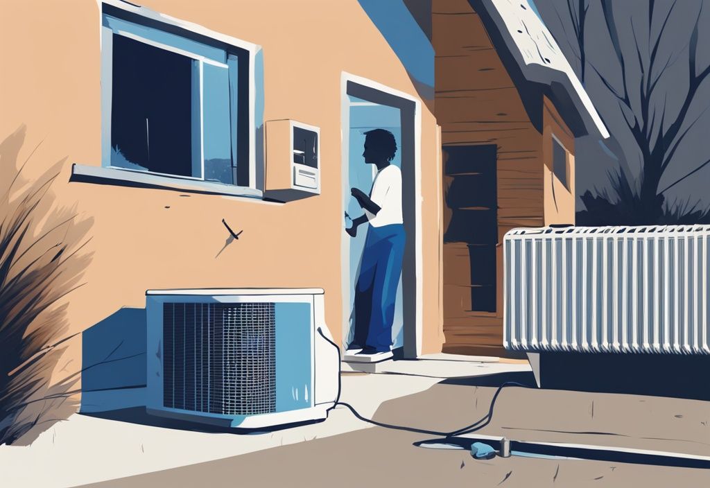 Distressed homeowner examining malfunctioning air conditioning unit with manual, digital painting, blue theme.