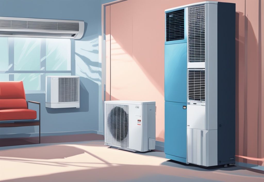 Modern digital painting of Daikin and Fujitsu air conditioning units in a blue-themed living room setting.