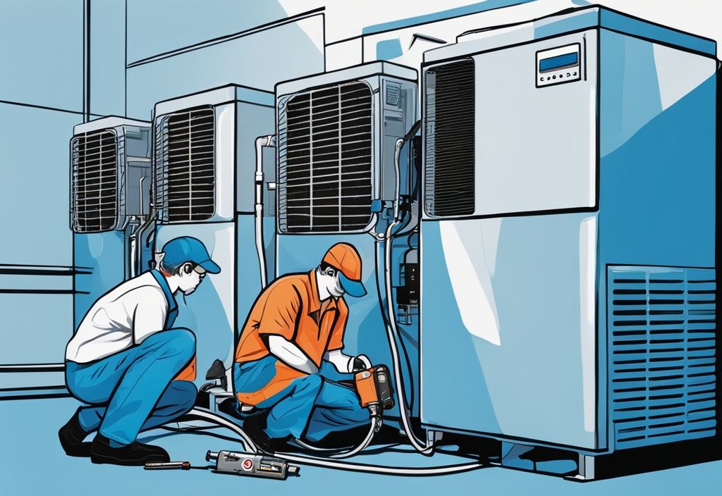 Technician adjusting valves on split system air conditioner with refrigerant pump and pressure gauges, digital painting in blue theme.