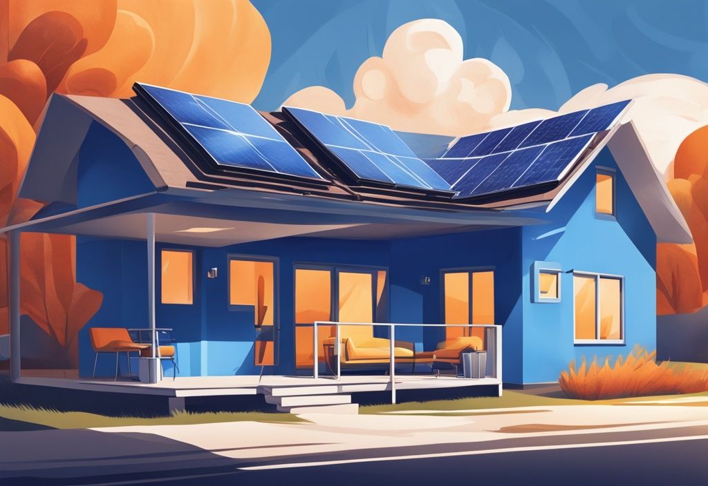 Modern digital painting of a blue-themed house with solar panels and an air conditioning unit, symbolizing solar powered air conditioning.