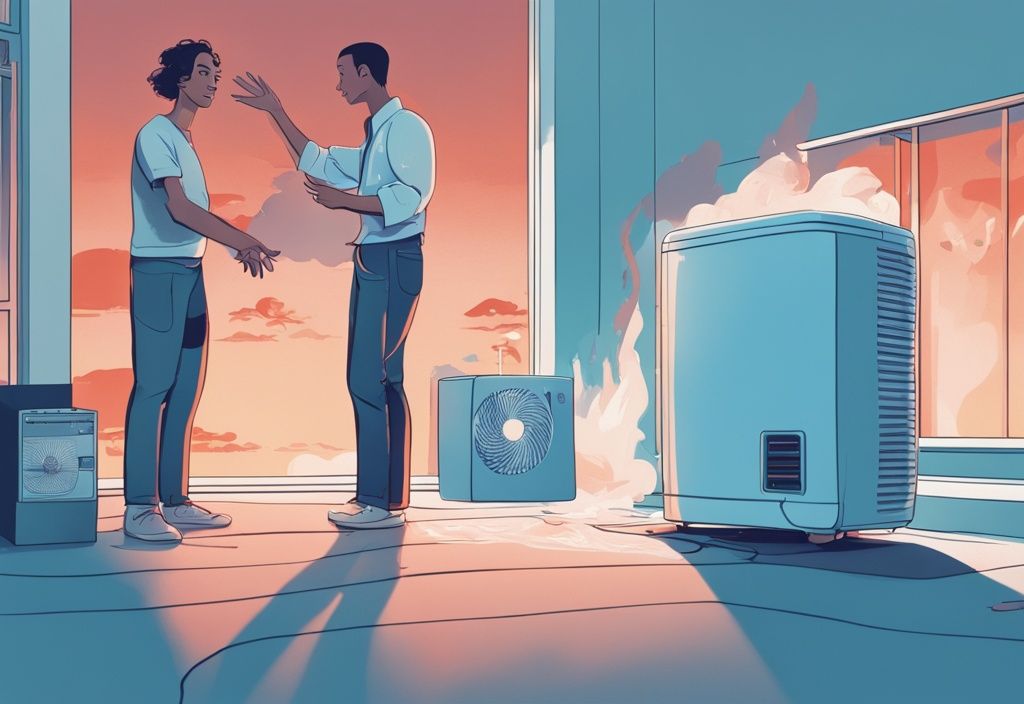 Modern digital painting of a confused homeowner with a manual, standing next to an air conditioning unit emitting hot air waves, illustrating the issue: why is my ac blowing hot air.