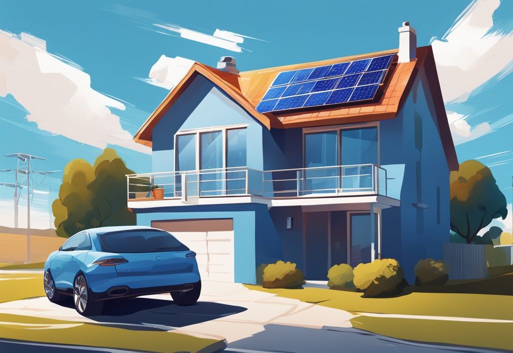 Modern digital painting of a blue-themed modern house with solar panels and air conditioning under a sunny sky.