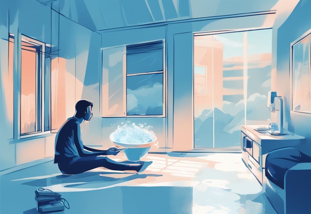 Modern digital painting illustrating how to cool a room without AC, featuring a blue-themed well-ventilated room with open windows, a ceiling fan in motion, a person using a portable fan, and a bowl of ice in front of it.