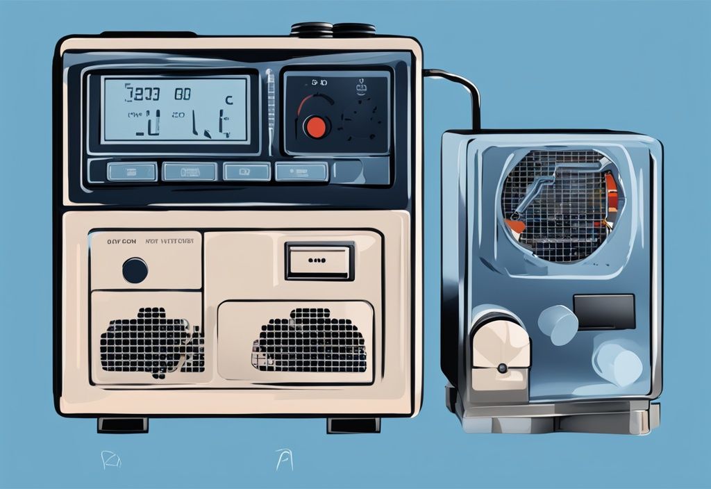 Modern digital painting of an AC compressor with visible internal parts, a timer showing a few minutes, and an off switch, illustrating the concept of "why does my ac compressor shut off after a few minutes.