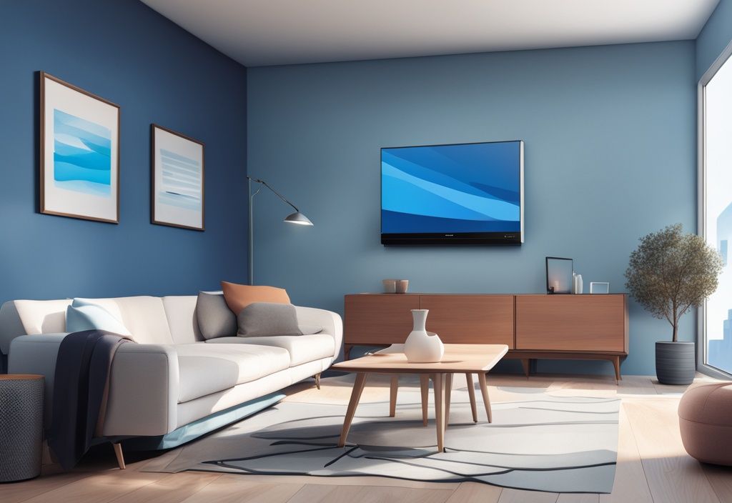 Modern digital painting of a blue-themed living room with a Fujitsu air conditioner on the wall.