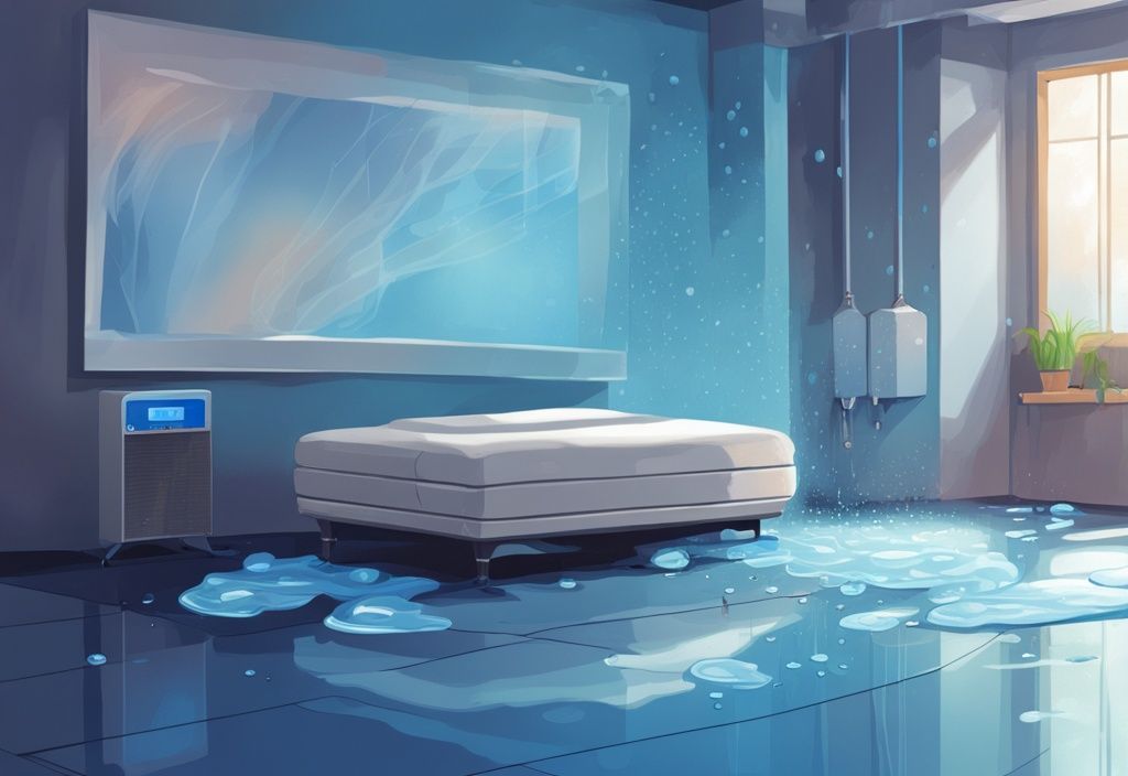 Modern digital painting of water dripping from AC indoor unit onto floor with blue color theme.