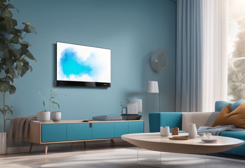 Modern digital painting illustrating a Hisense air conditioner E5 model in a stylish living room, featuring a digital screen displaying the E5 error code, with a predominant blue color theme.