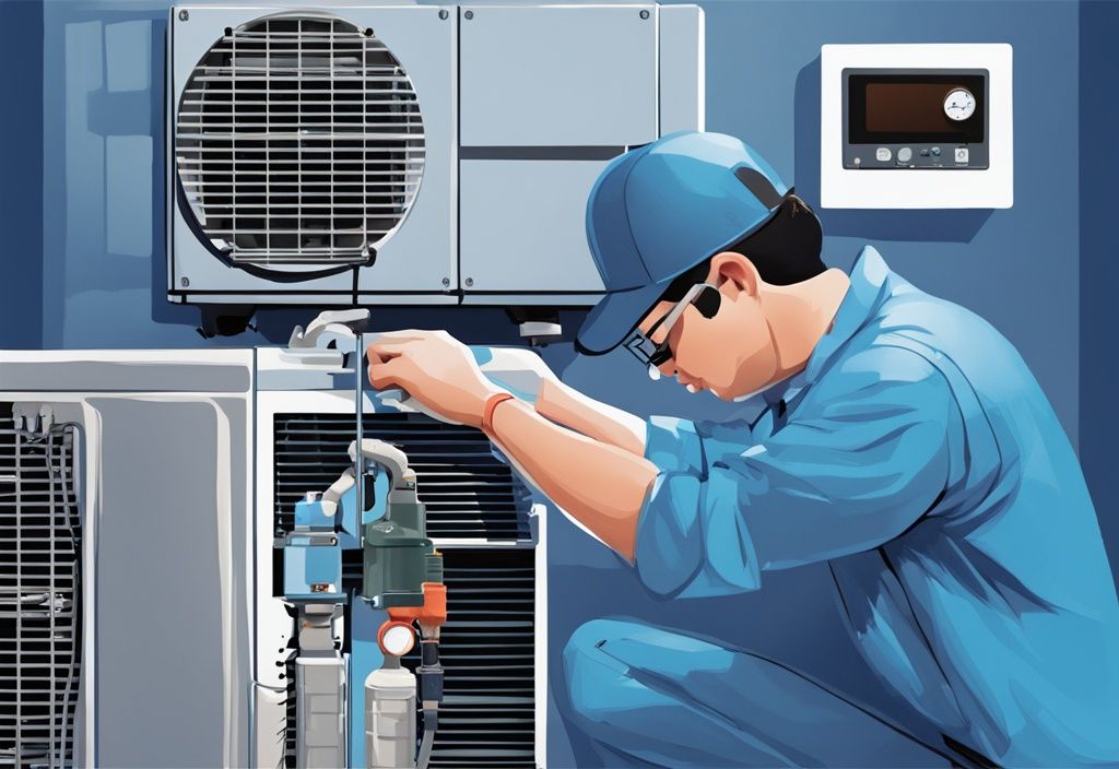 Technician adjusting valves on split system air conditioner with refrigerant pump and pressure gauges, modern digital painting, blue color theme.