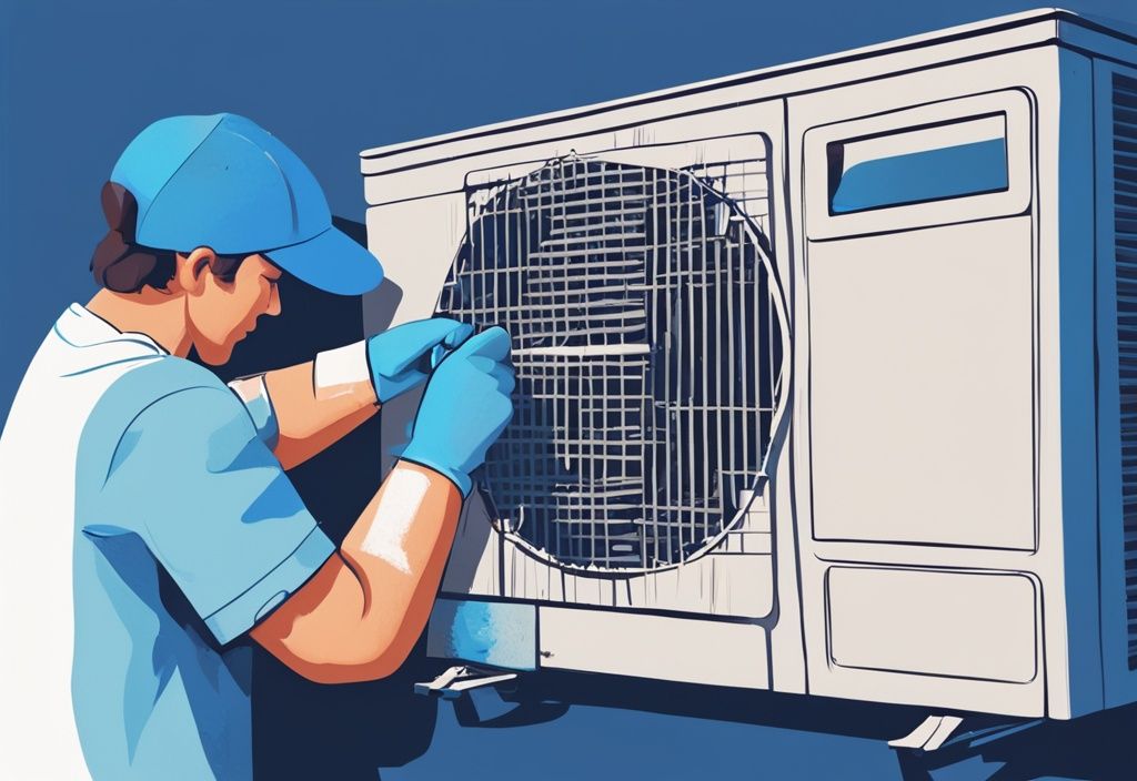 Digital painting of a person cleaning air conditioning coils with a brush and spray bottle, blue color theme.