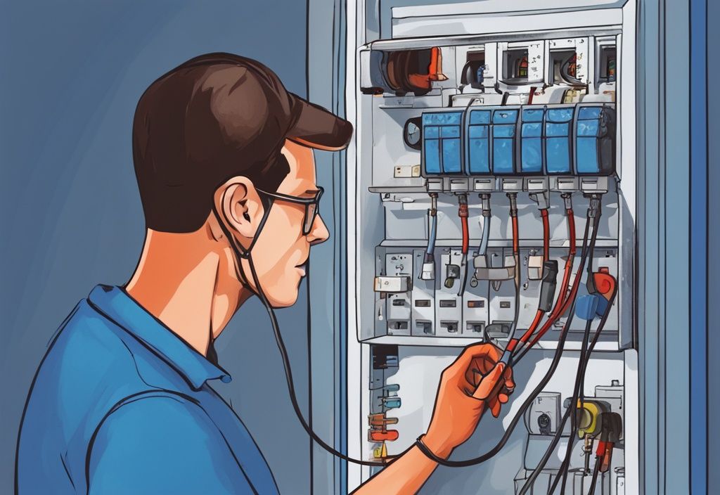 Modern digital painting of a technician performing RCD testing on a residential electrical panel using a multimeter, with a blue color theme.