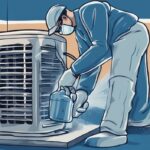 Modern digital painting of a person in gloves using a spray bottle to demonstrate how to clean AC coils on a dusty air conditioner unit, with a blue color theme.