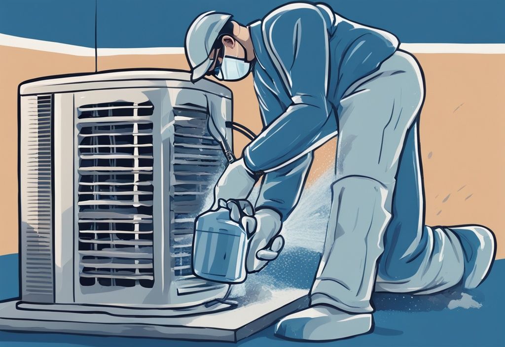 Modern digital painting of a person in gloves using a spray bottle to demonstrate how to clean AC coils on a dusty air conditioner unit, with a blue color theme.