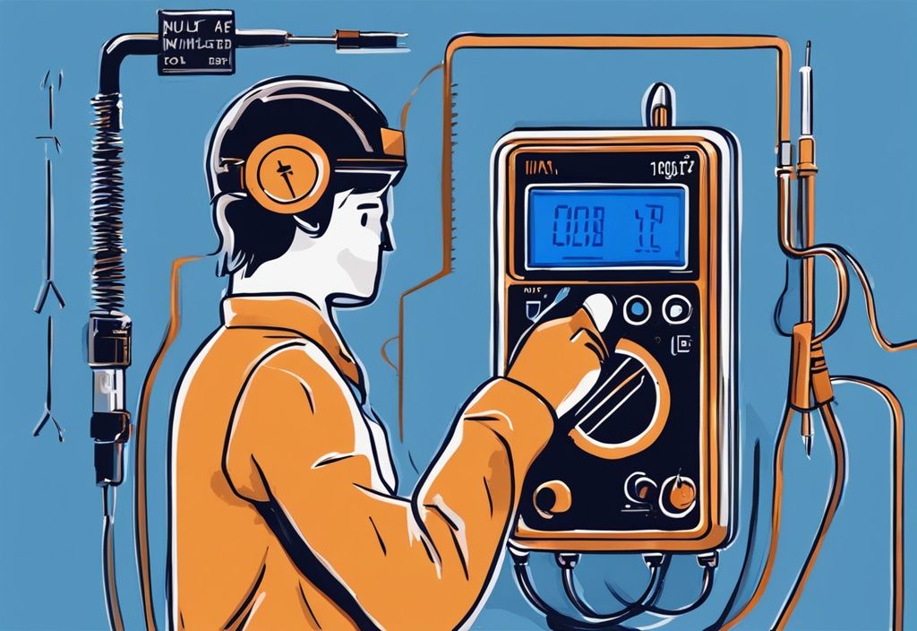 Illustration of a person using a multimeter to test an AC capacitor, demonstrating how to test AC capacitor with clear visibility of the tools, in a modern digital painting style with a blue color theme.