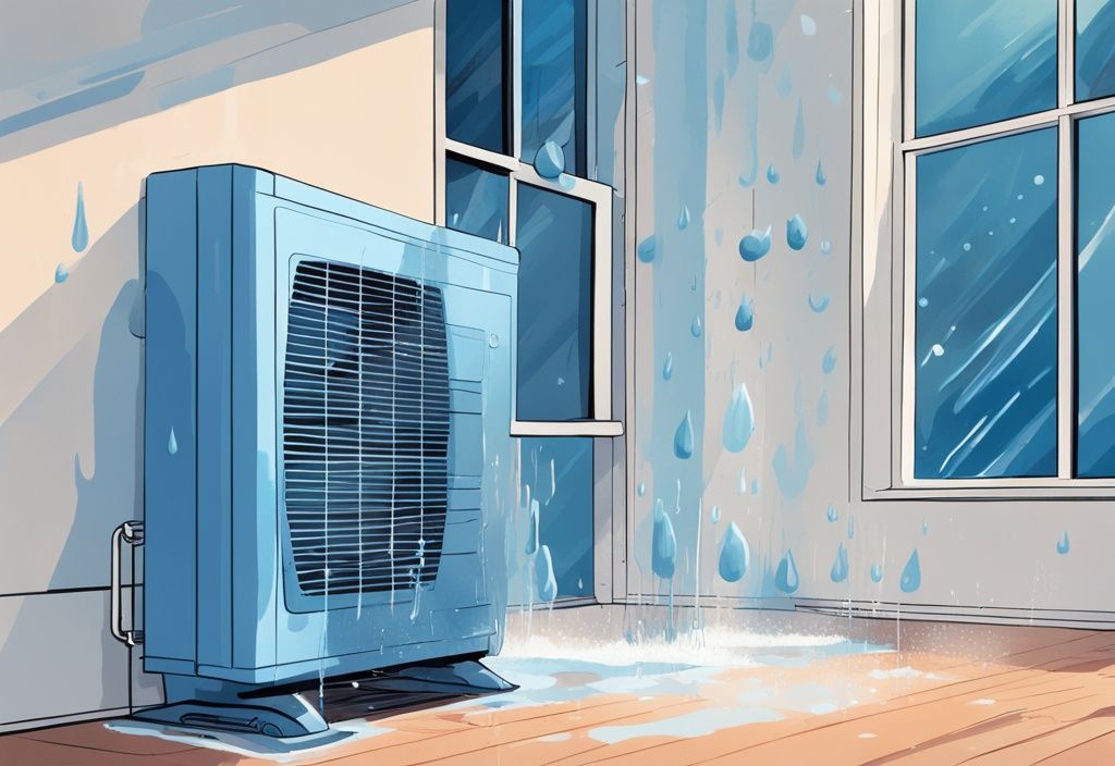 Modern digital painting of water dripping from AC indoor unit, blue theme, air conditioner leaking onto floor.