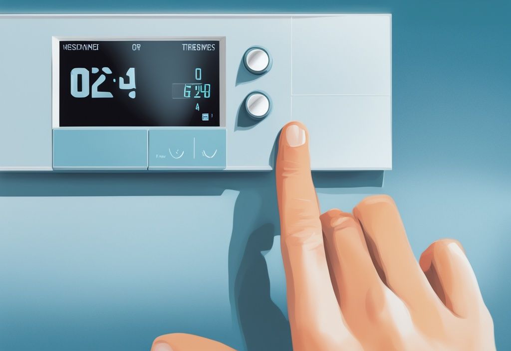 Modern digital painting of a hand adjusting a Siemens thermostat with an override button, blue color theme